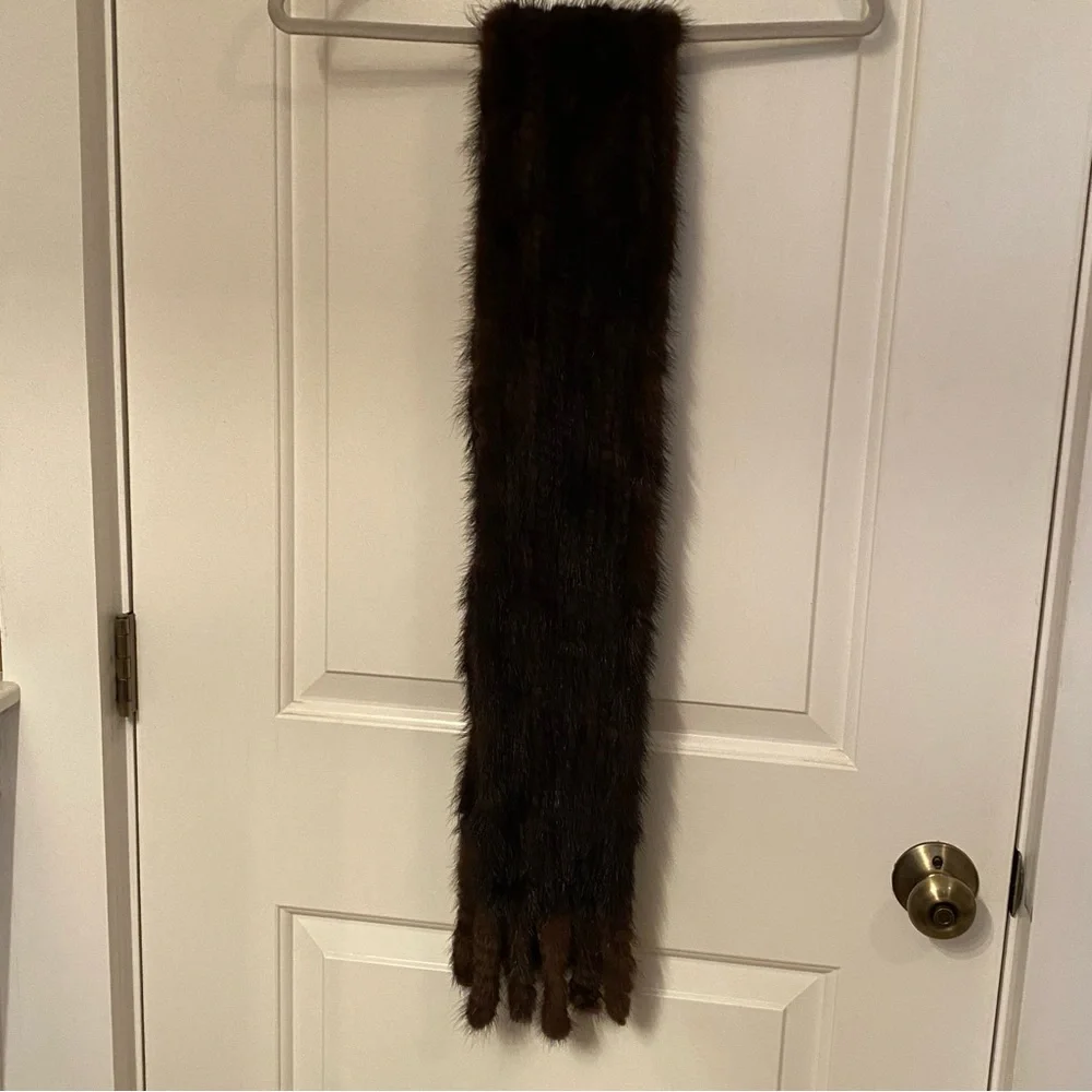 SCARF BROWN MINK FUR LONG RECTANGLE FRINGE ENDS SOFT LUXURY MOB WIFE